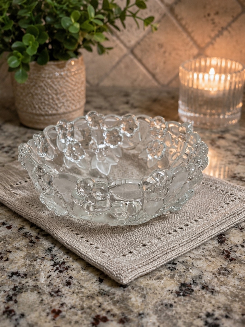 Glass Floral Embossed Candy Dish.